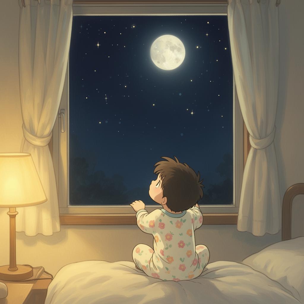 A child in pajamas gazing up at the moon and stars from a warm bedroom window