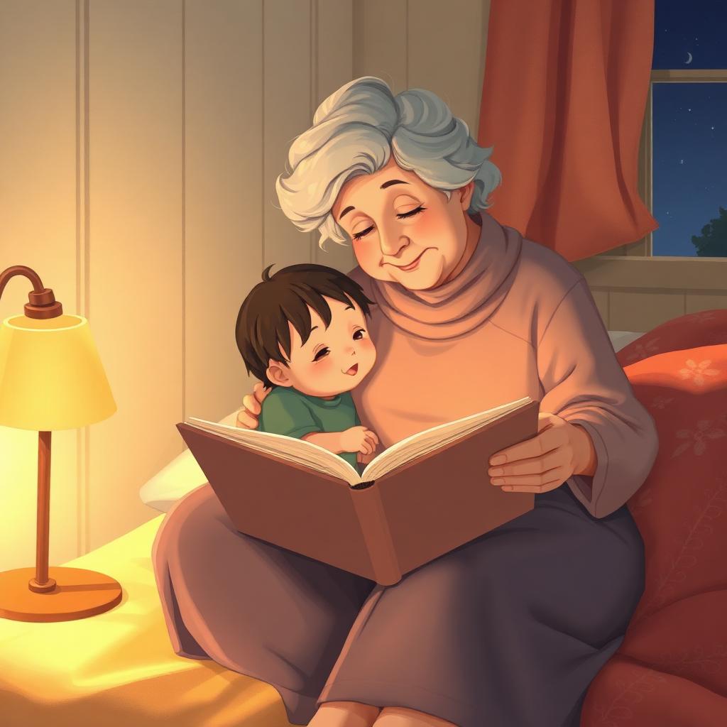 A grandmother and grandchild reading a storybook together under warm lamplight