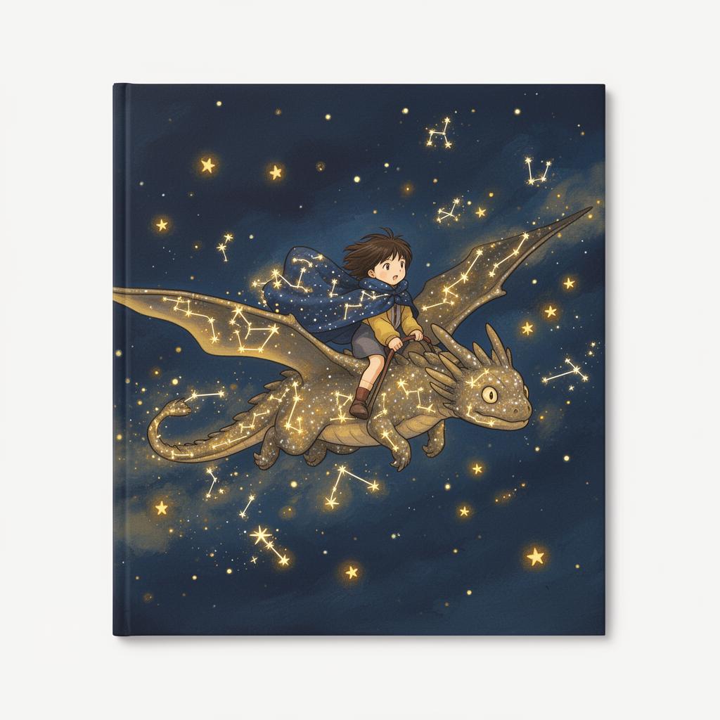 Sample storybook cover: a child riding a constellation dragon across a starry sky